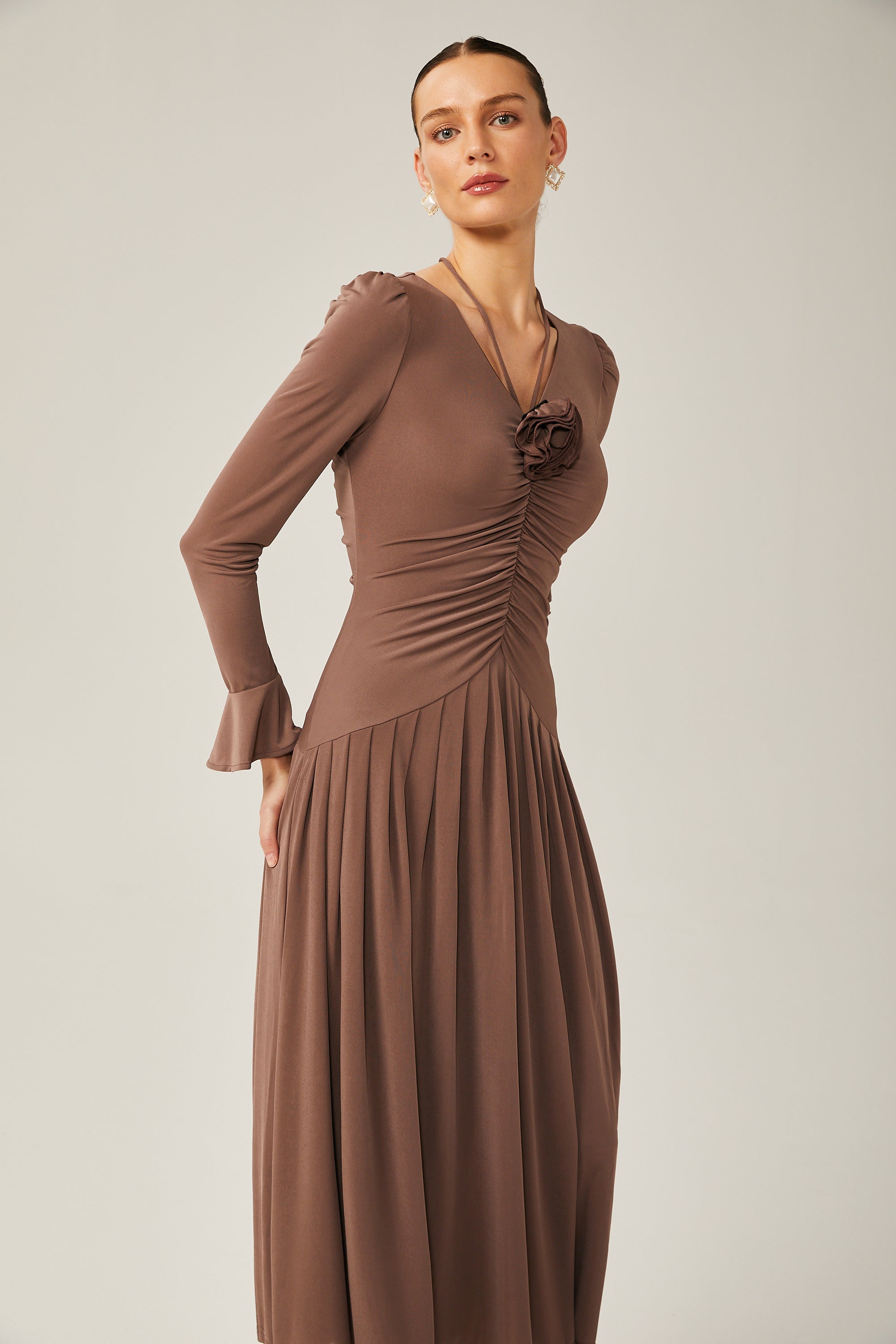 Jacqueline Kahverengi Dantelli Maxi Elbise