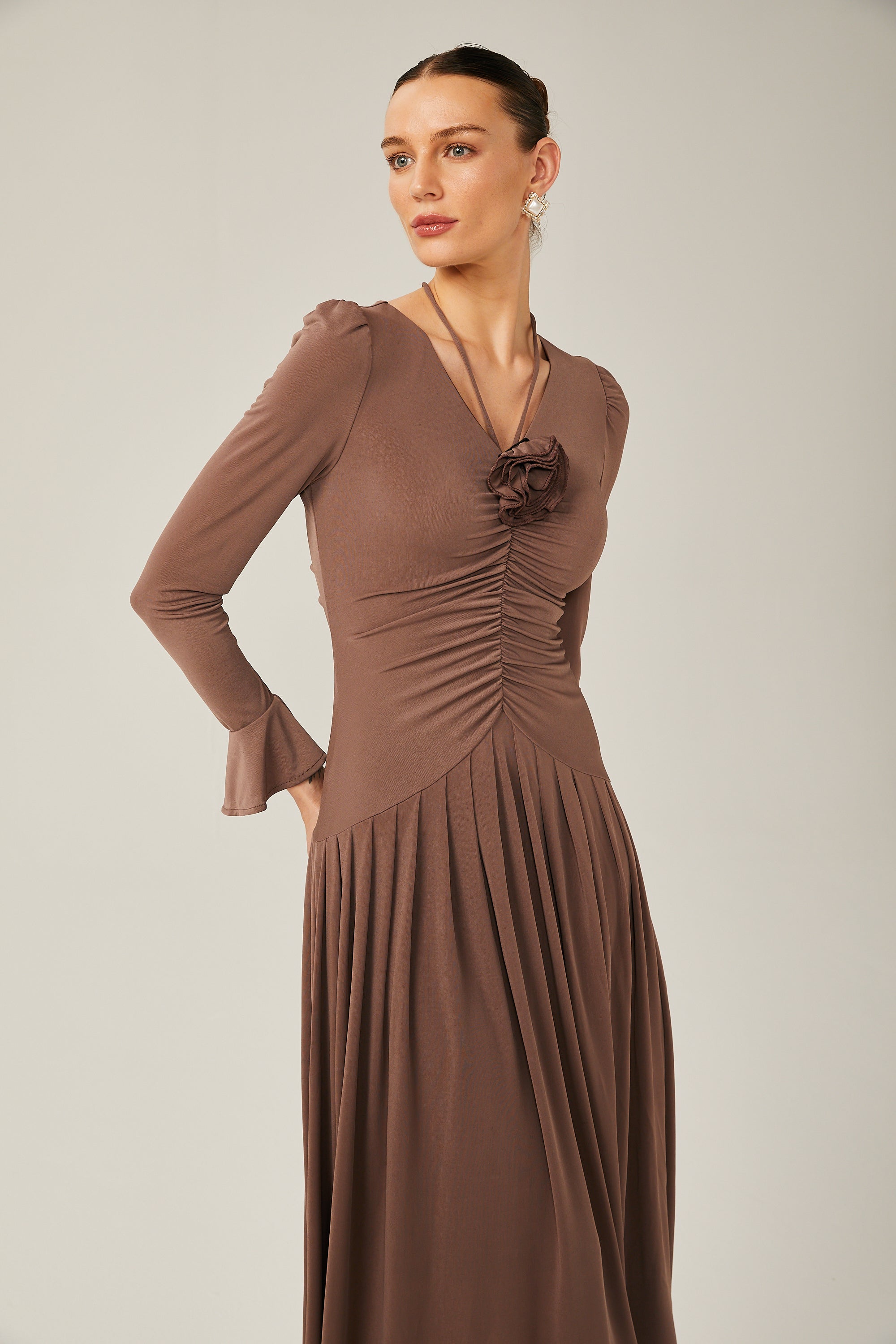 Jacqueline Kahverengi Dantelli Maxi Elbise