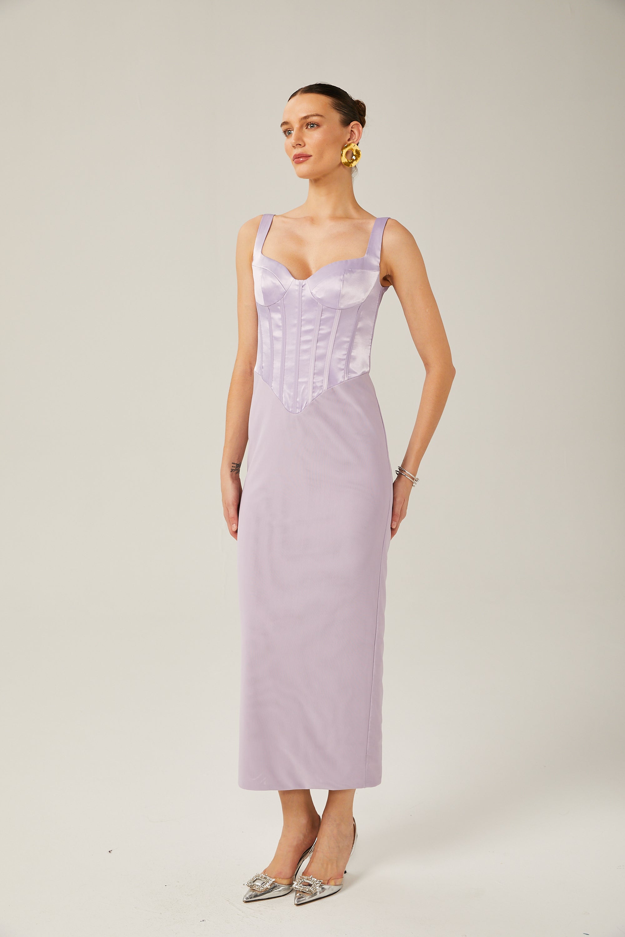 Amelina Mor Saten Korse Midi Elbise