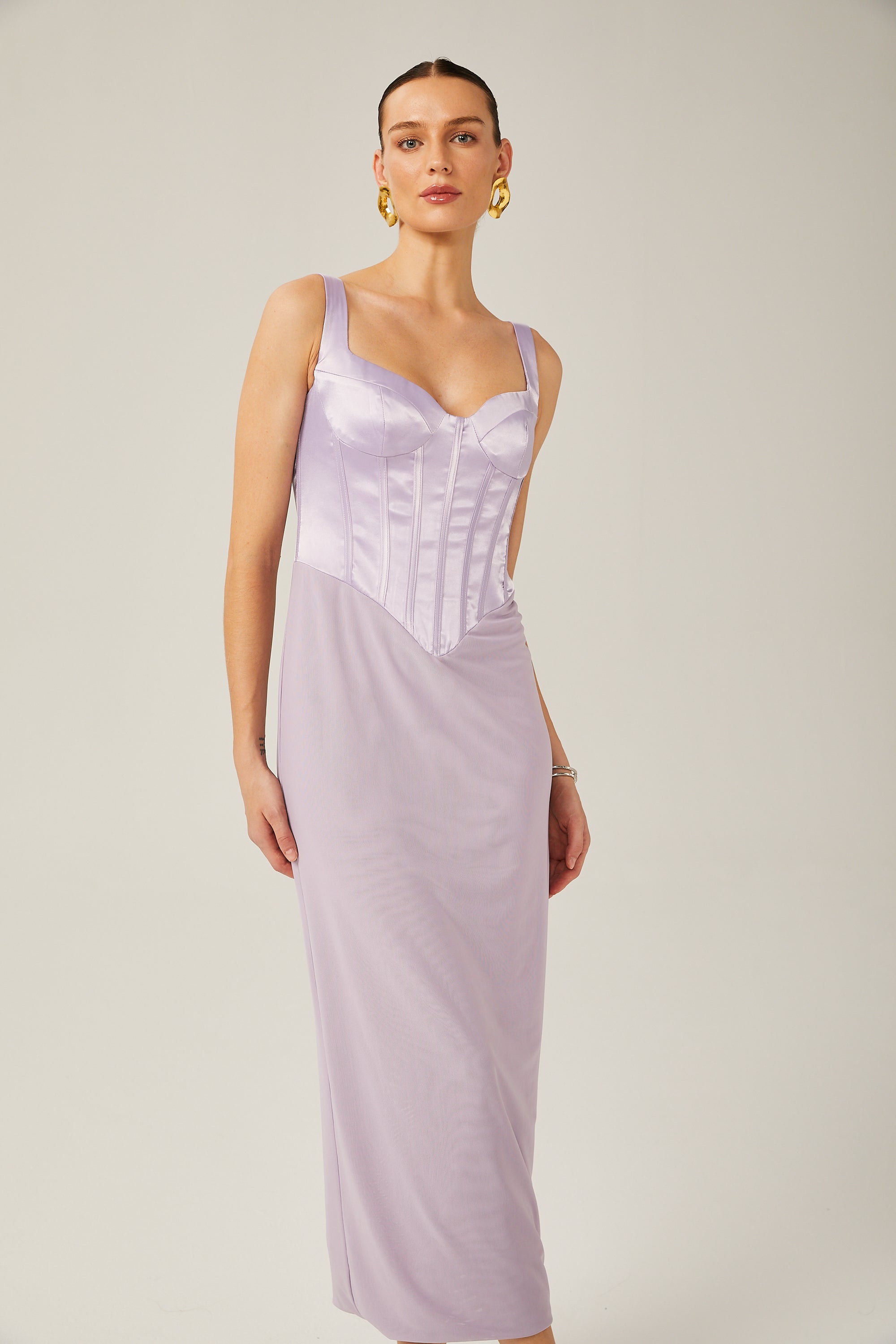 Amelina Mor Saten Korse Midi Elbise