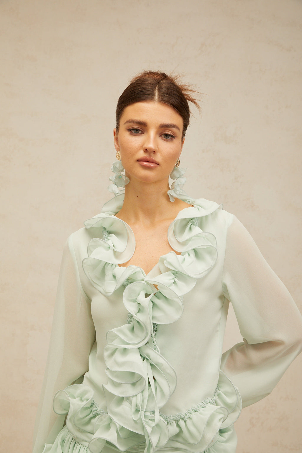 Noémie Yeşil Fırfırlı Şifon Bluz ve Etek Takım