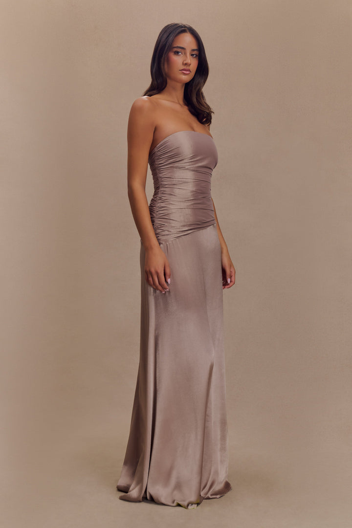 Serena Straplez Tafta Maxi Elbise - Bronz Taupe