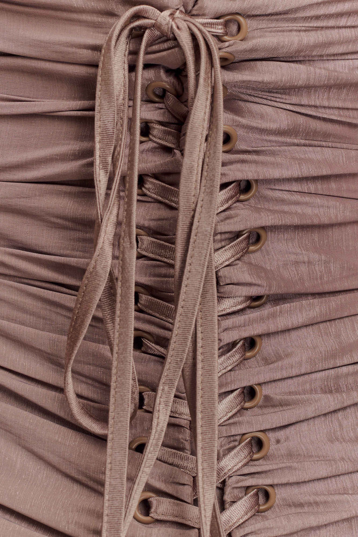 Serena Straplez Tafta Maxi Elbise - Bronz Taupe