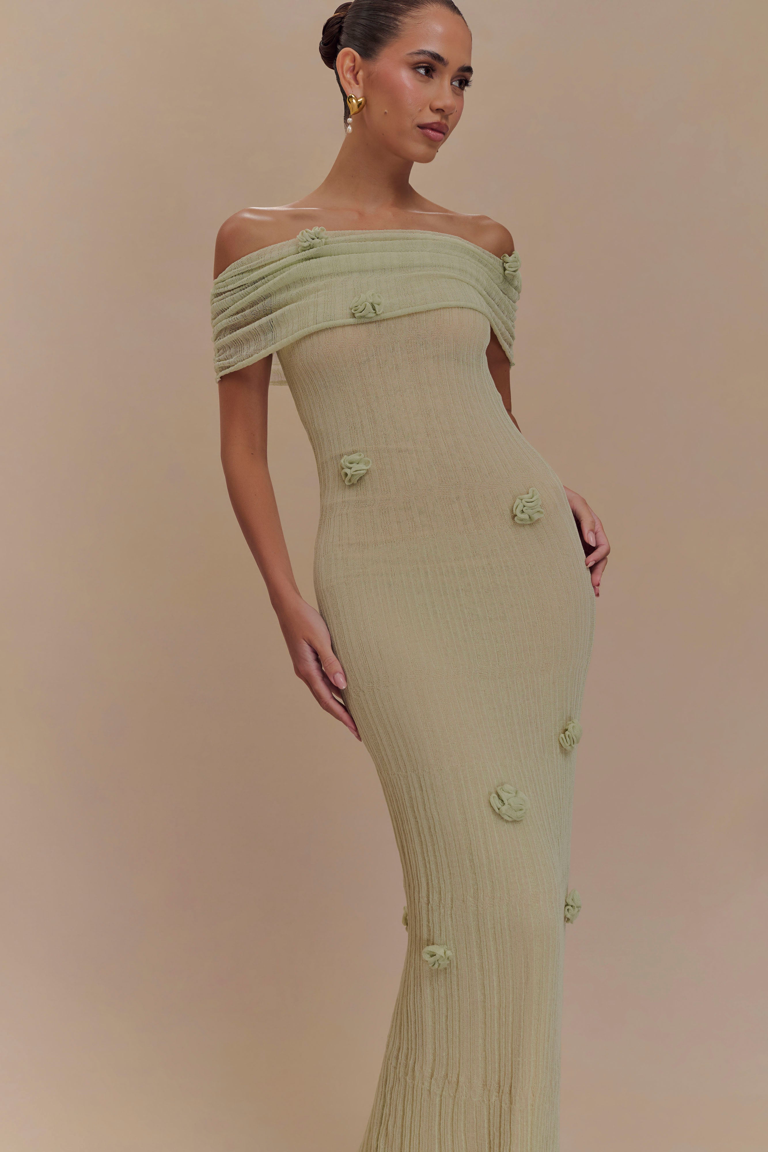 Brynn Orkide Örgü Maxi Elbise - Pastel Yeşil