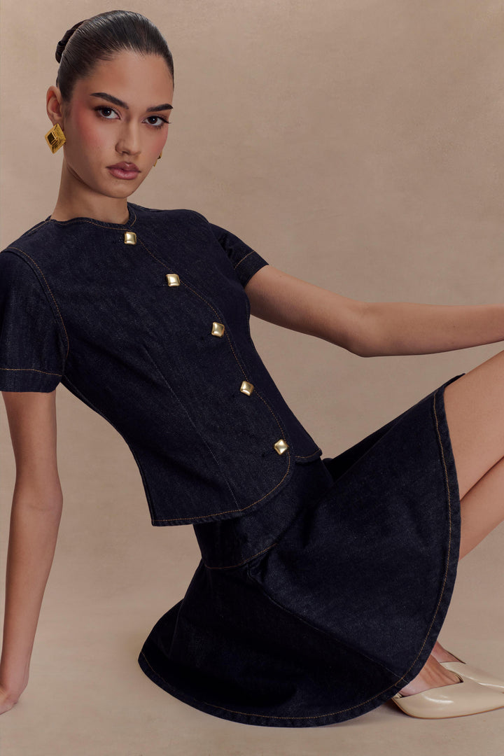 Bethany Kısa Kollu Düğmeli Denim Üst - Yıkanmış İndigo Mavi