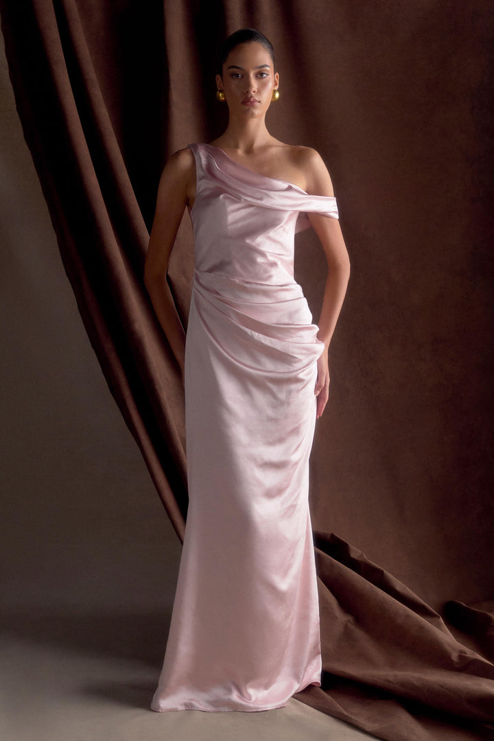Dalia Düşük Omuzlu Saten Maxi Elbise - Soft Pembe
