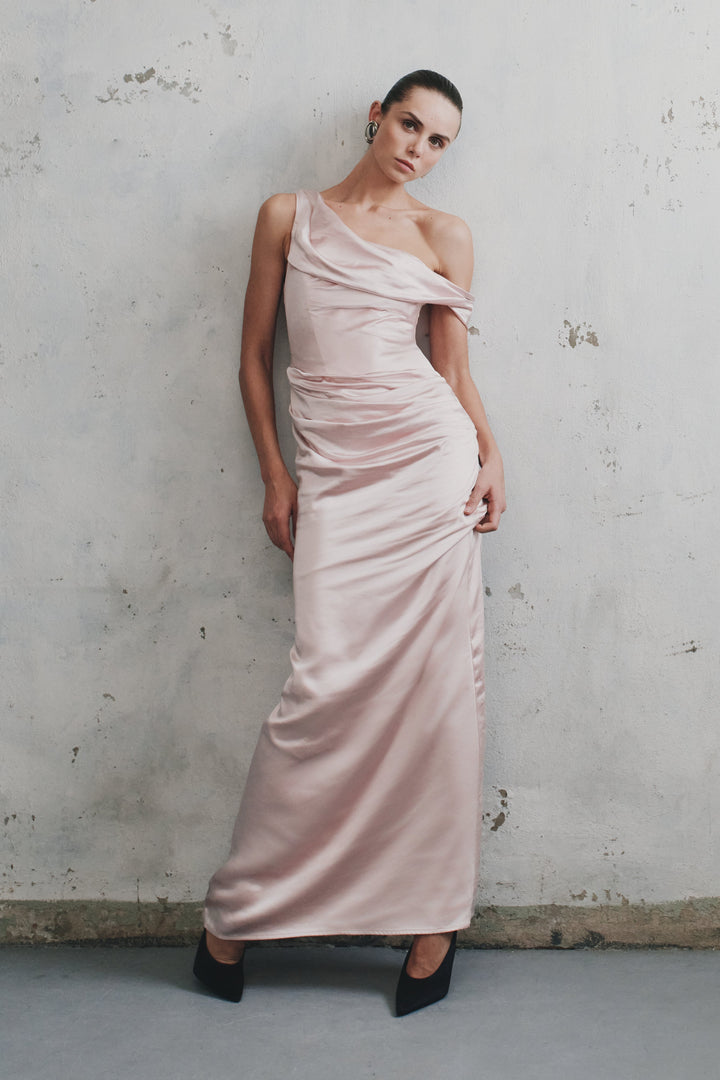 Dalia Düşük Omuzlu Saten Maxi Elbise - Soft Pembe