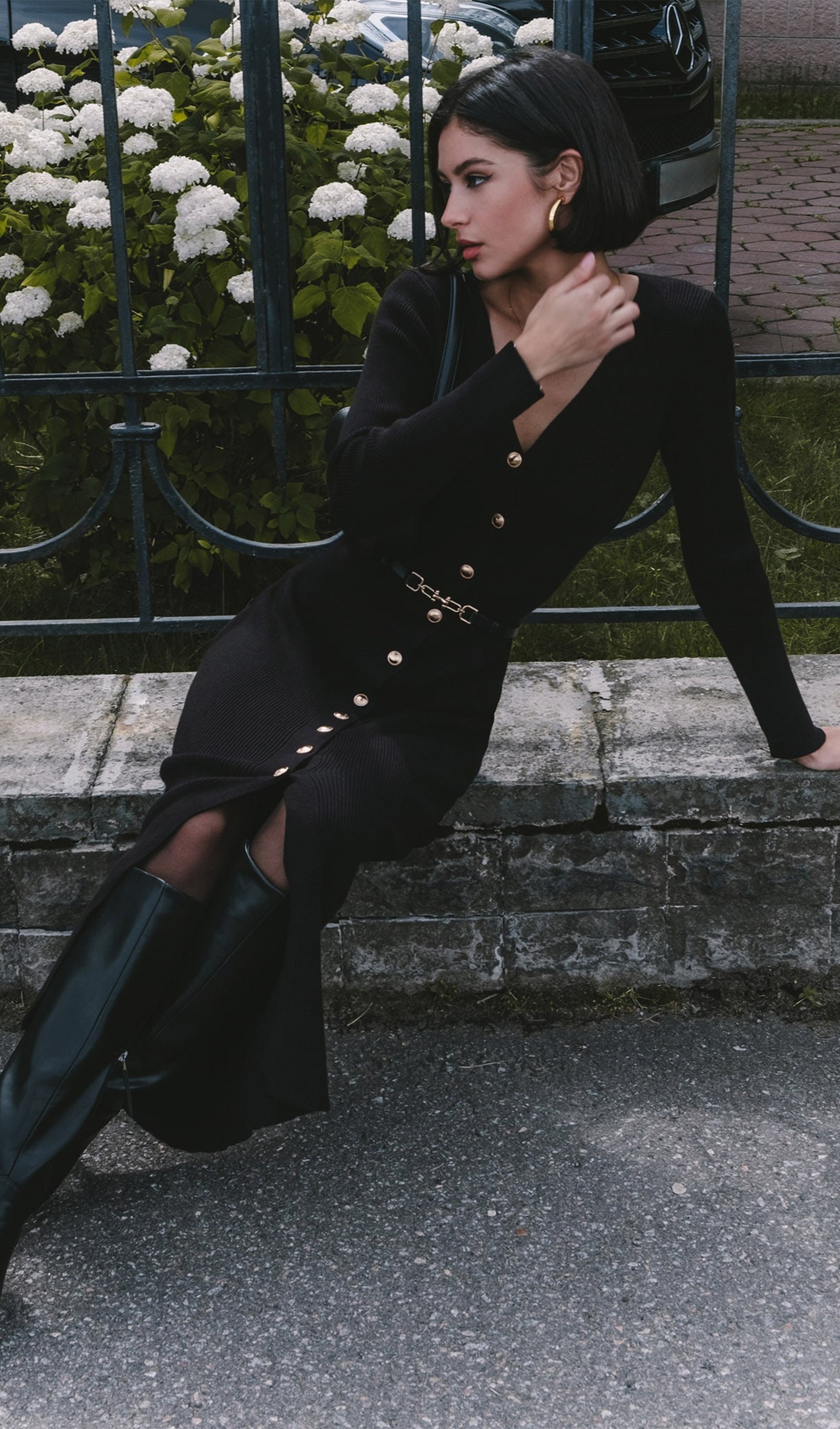 Örme V Yaka  Midi Elbise -Siyah