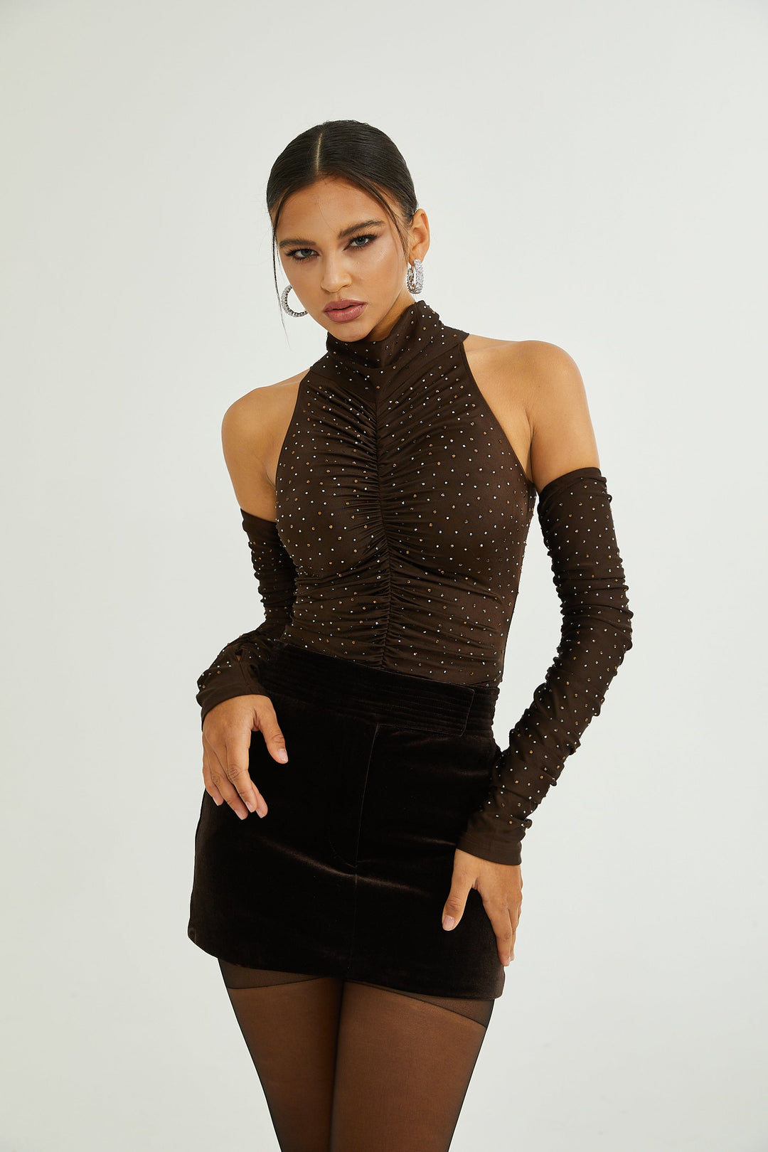 Rose-Suzette Kahverengi Kristal İşlemeli Body