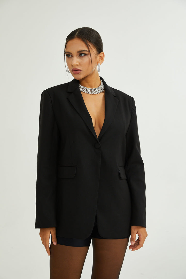 Renée Siyah Bol Kesim Tek Düğmeli Yün Blazer