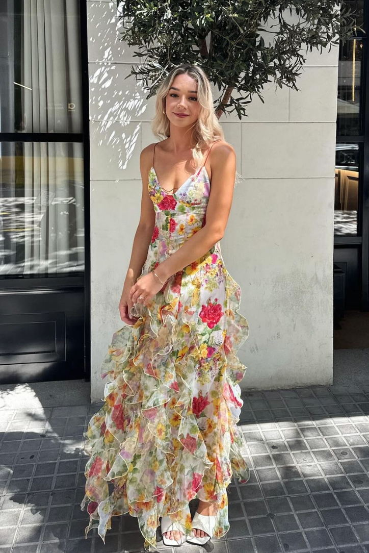 Saskia Fırfırlı Volanlı Maksi Elbise