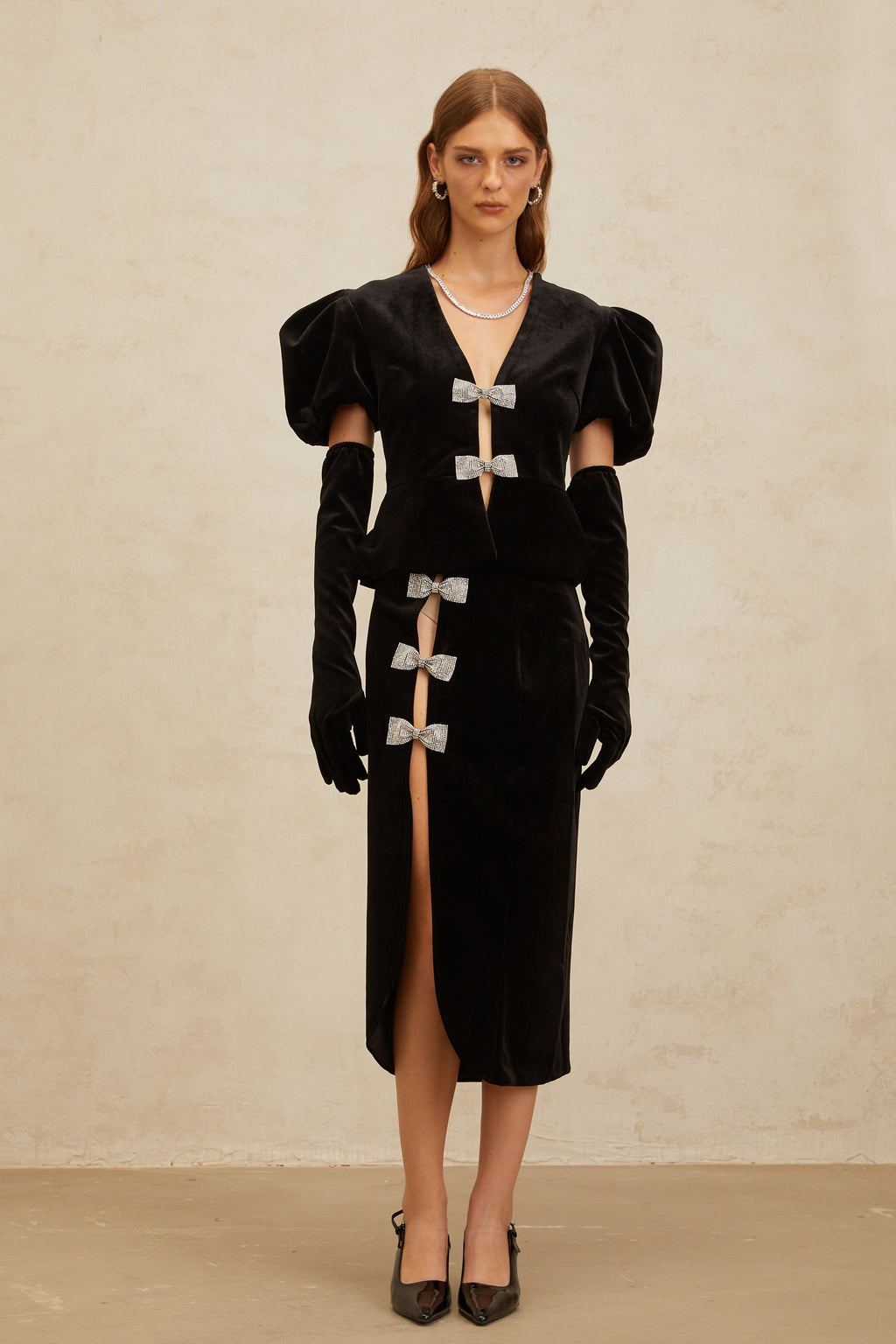 Adèle Siyah Kurdele Detaylı Kesik Kadife Bluz ve Etek Takımı