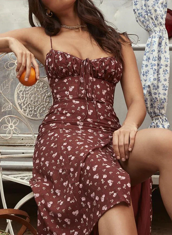 Çiçekli Yırtmaçlı Midi Elbise - Riosso