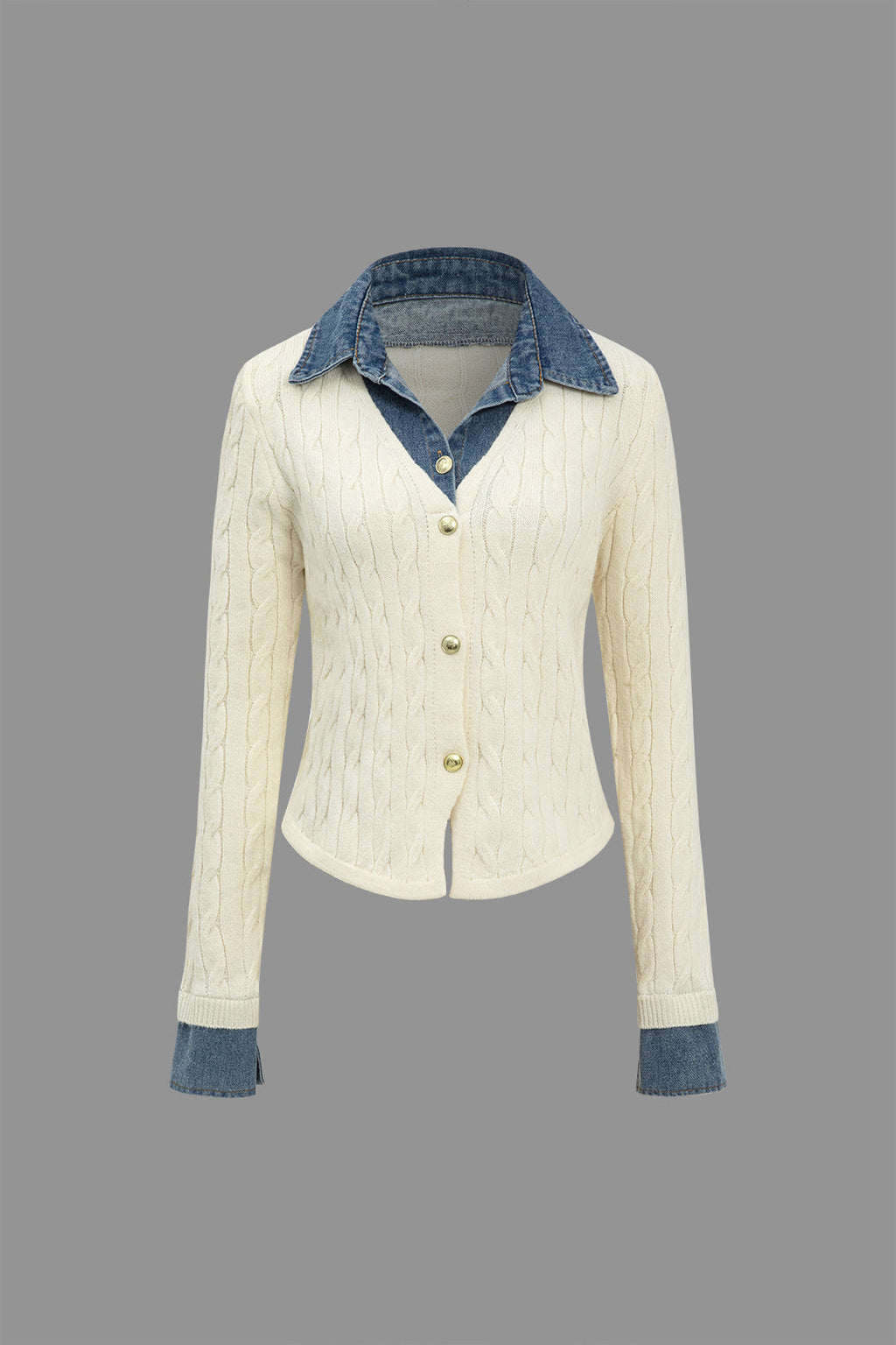 Örgü Denim Gömlek Yaka Uzun Kollu Üst