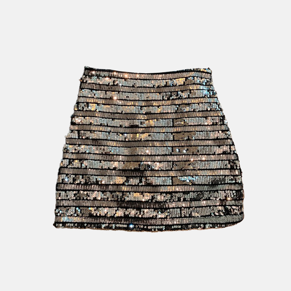 Fran Çizgili Pul Payet Mini Etek