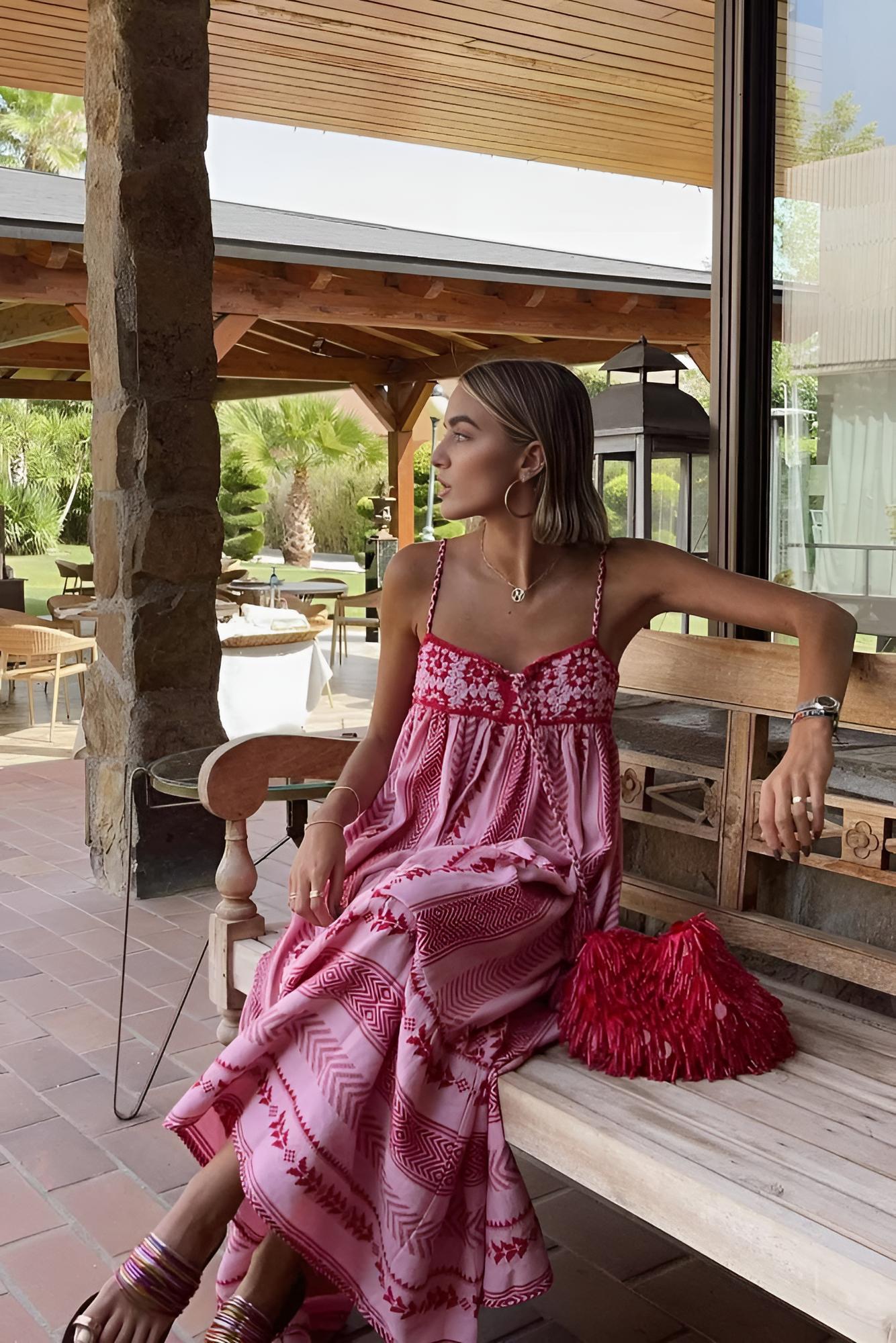 Etnik Örgü Askılı Uzun Elbise