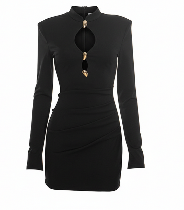 Elegant Dik Yaka Göğüs Detay Mini Elbise