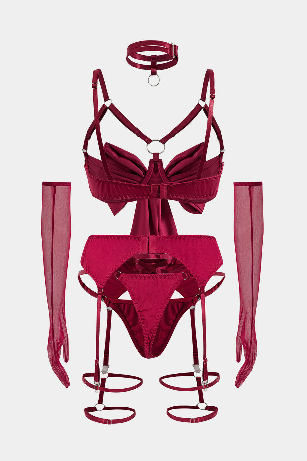 Choker Bağlama Öndeki Kesik Detaylı Lingerie Garter Seti ve Eldiven