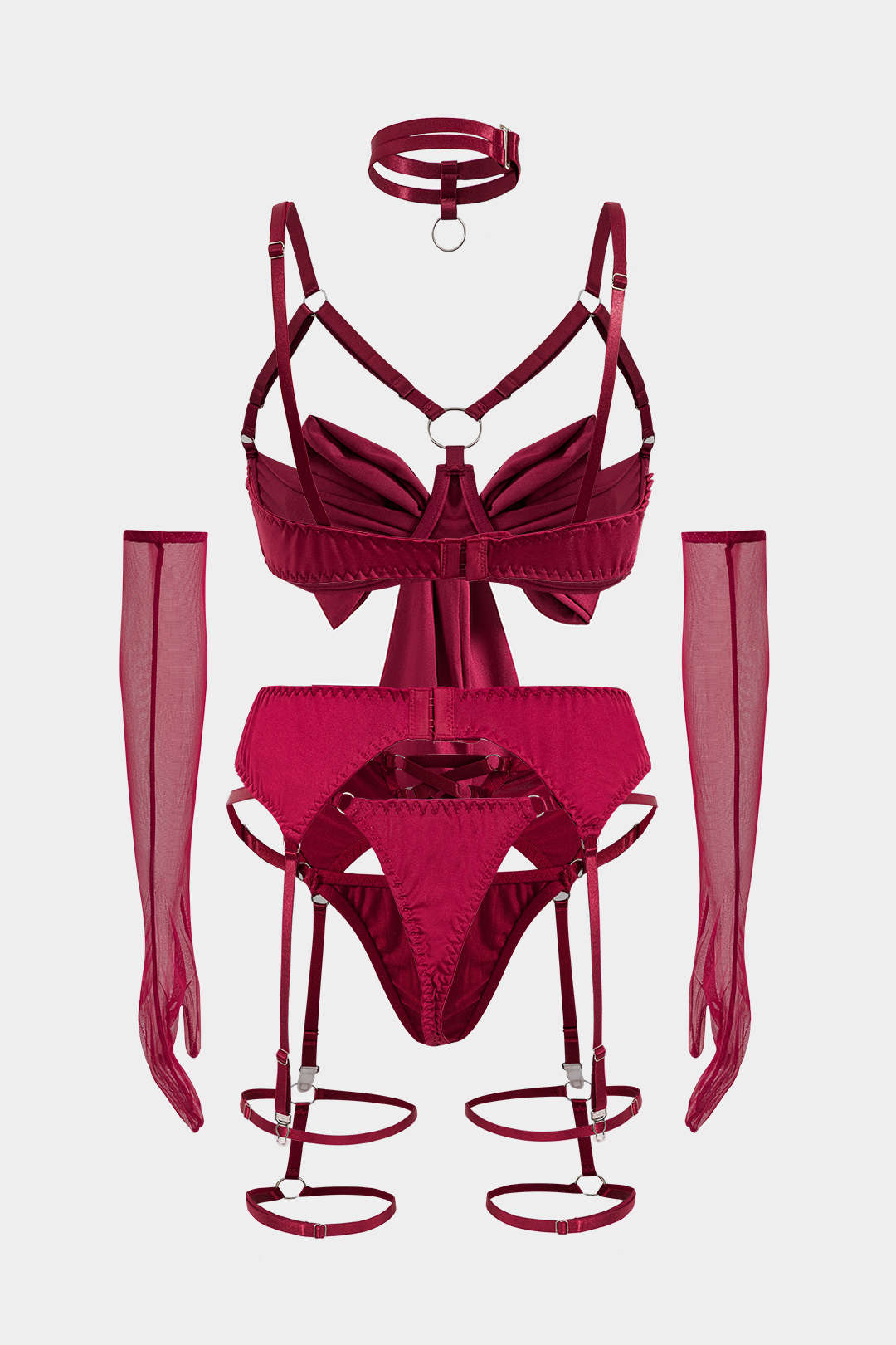 Choker Bağlama Öndeki Kesik Detaylı Lingerie Garter Seti ve Eldiven