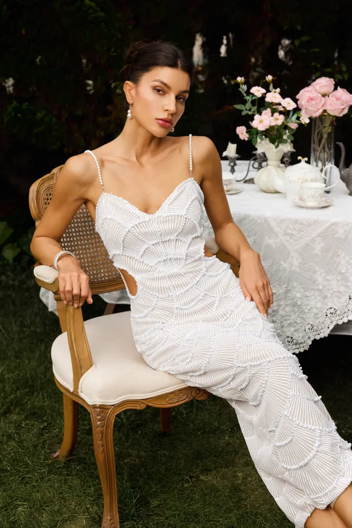 Lunara Beyaz İnci İşlemeli Askılı Elbise