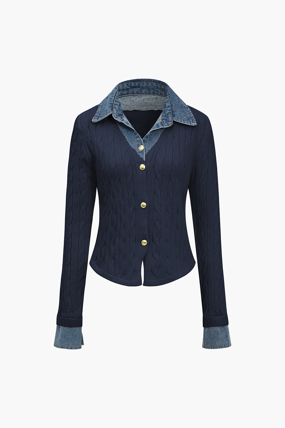 Örgü Denim Gömlek Yaka Uzun Kollu Üst