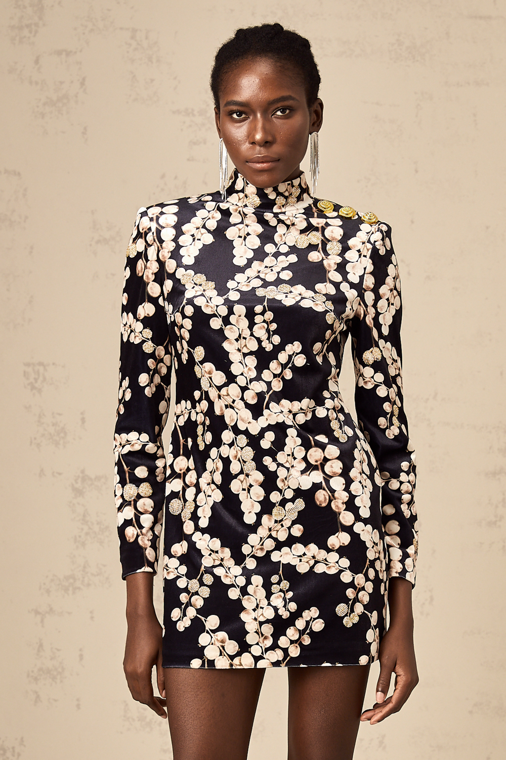 Valeria İşlemeli Grafik Desenli Kadife Mini Elbise