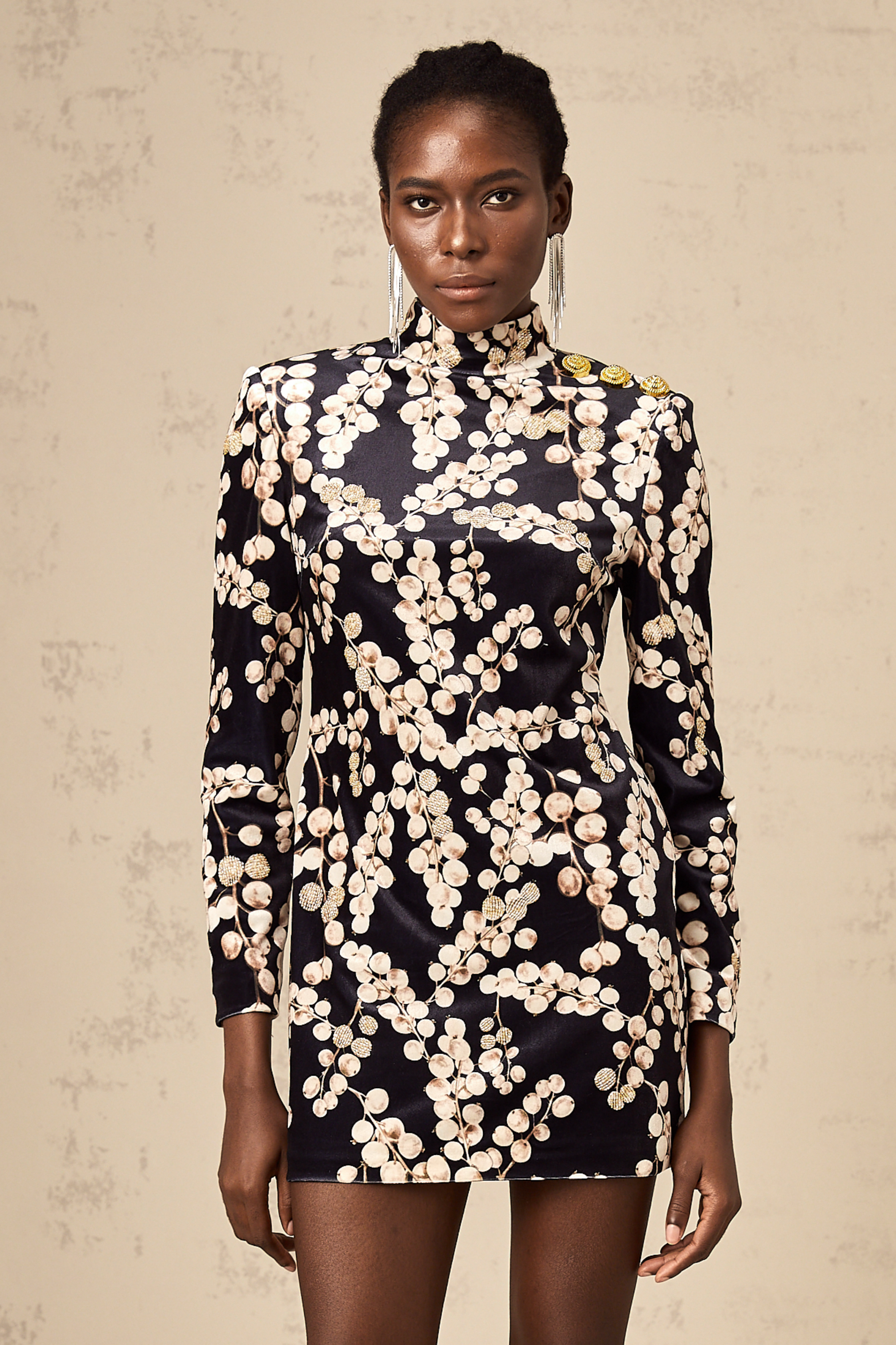 Valeria İşlemeli Grafik Desenli Kadife Mini Elbise