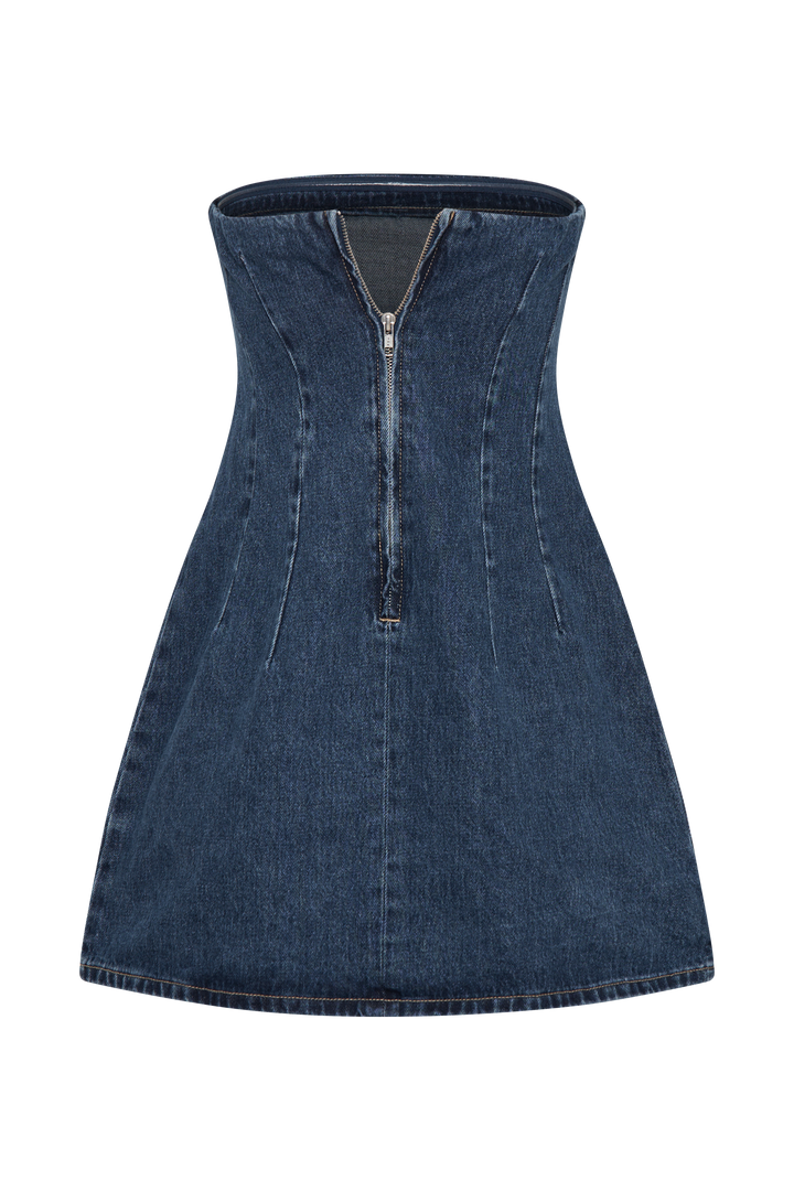 Cecily Straplez Denim Mini Elbise - Koyu Mavi
