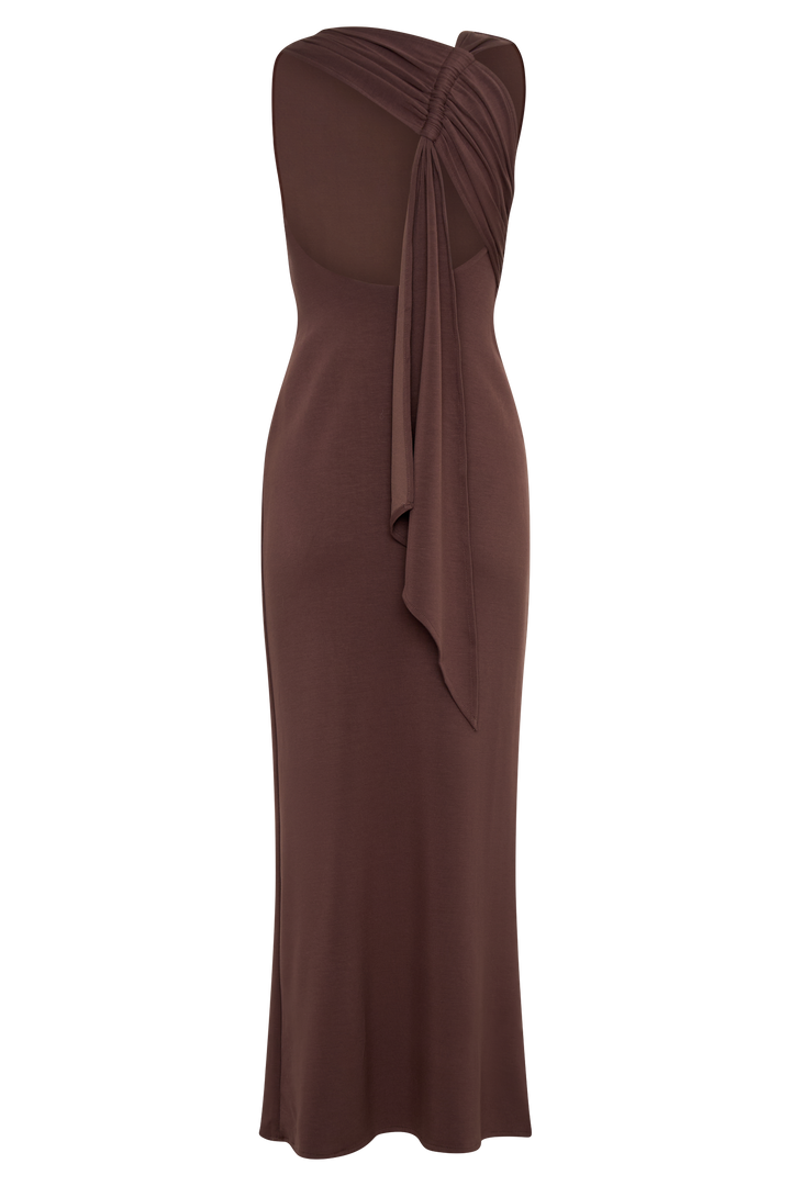 Catelyn Asimetrik Scuba Jersey Midi Elbise - Kakao Kahvesi