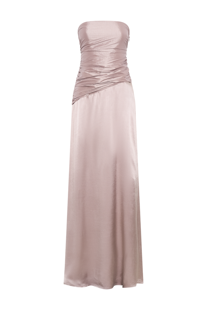 Serena Straplez Tafta Maxi Elbise - Bronz Taupe