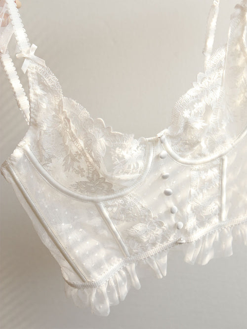 Çiçekli Dantel Örgü Korse Crop Üst