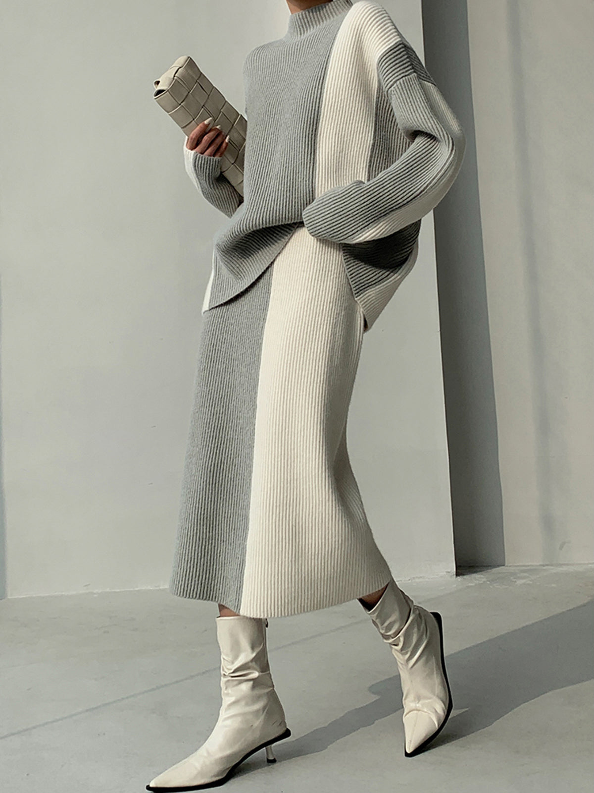 Kontrast Çizgili İki Parça Triko Etek Takım