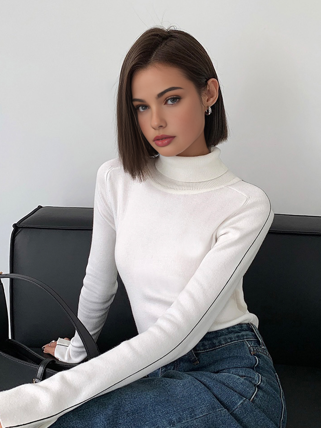 Kontrast Biyeli Balıkçı Yaka Kazak