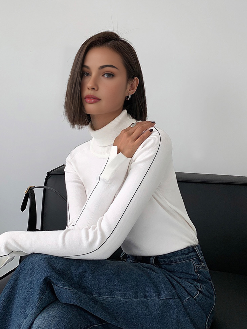 Kontrast Biyeli Balıkçı Yaka Kazak