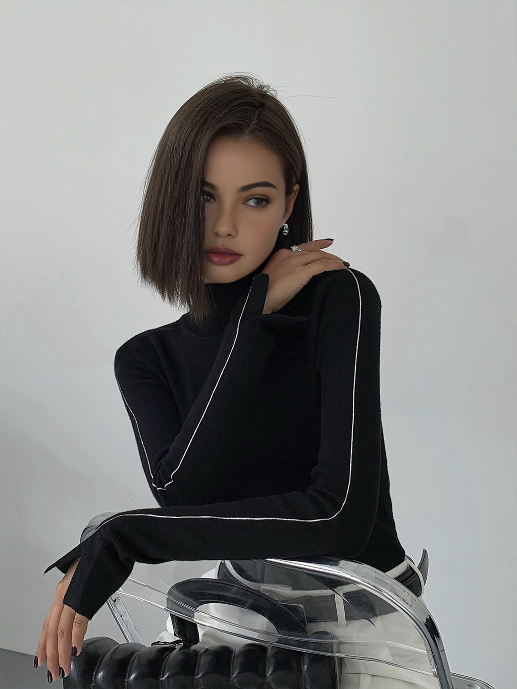 Kontrast Biyeli Balıkçı Yaka Kazak