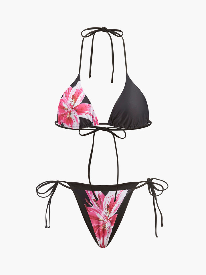 Çiçek Desenli Bikini Yarı Şeffaf Etek ile