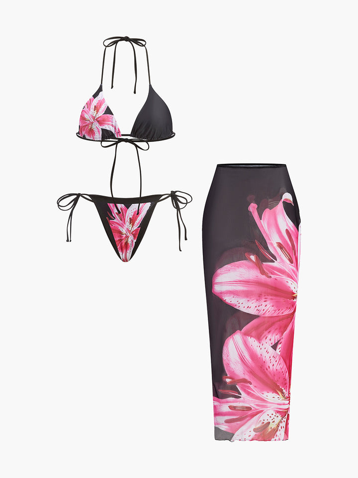 Çiçek Desenli Bikini Yarı Şeffaf Etek ile