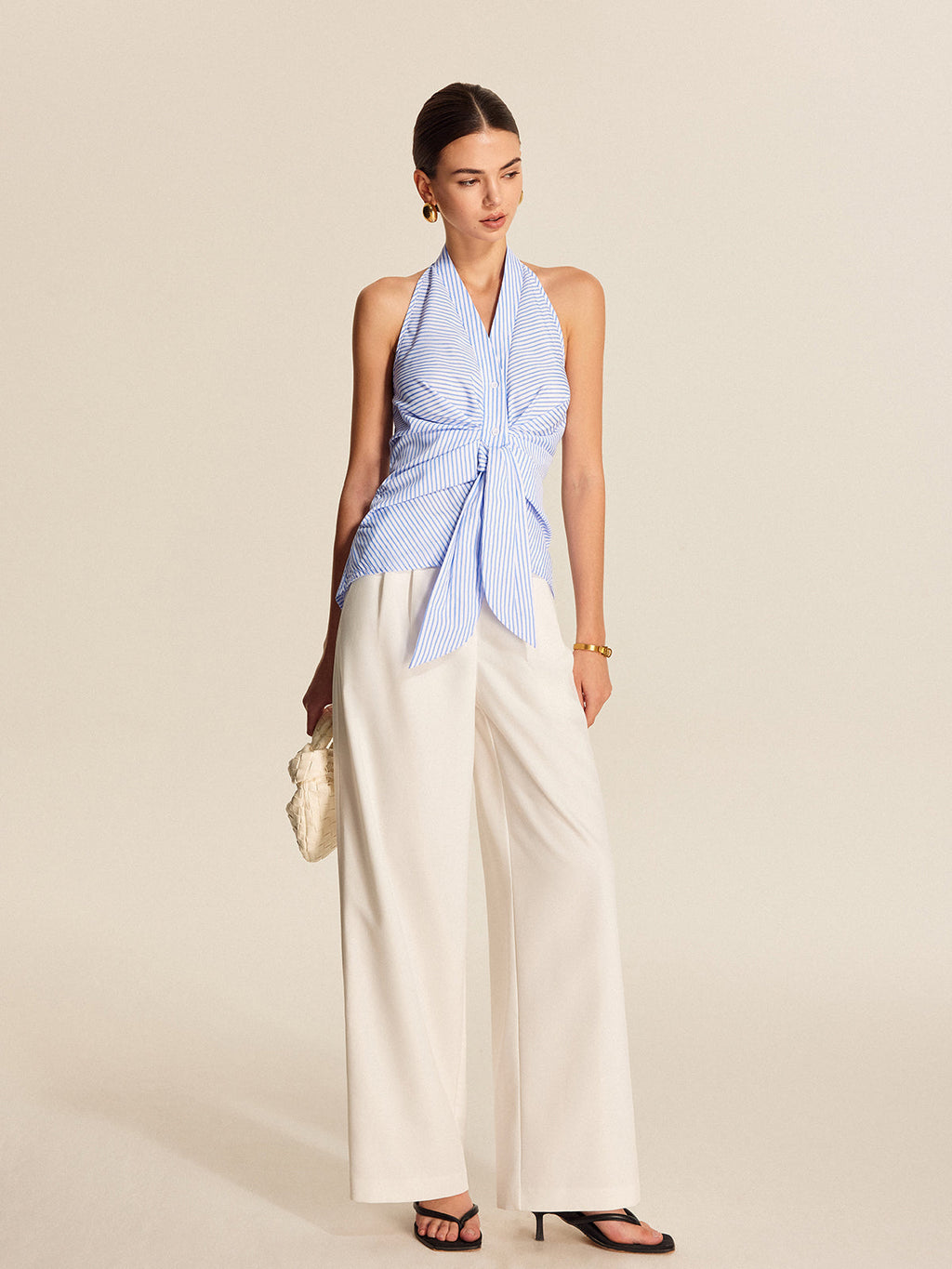 Çizgili Halter Yaka Bağlama Detay Bluz