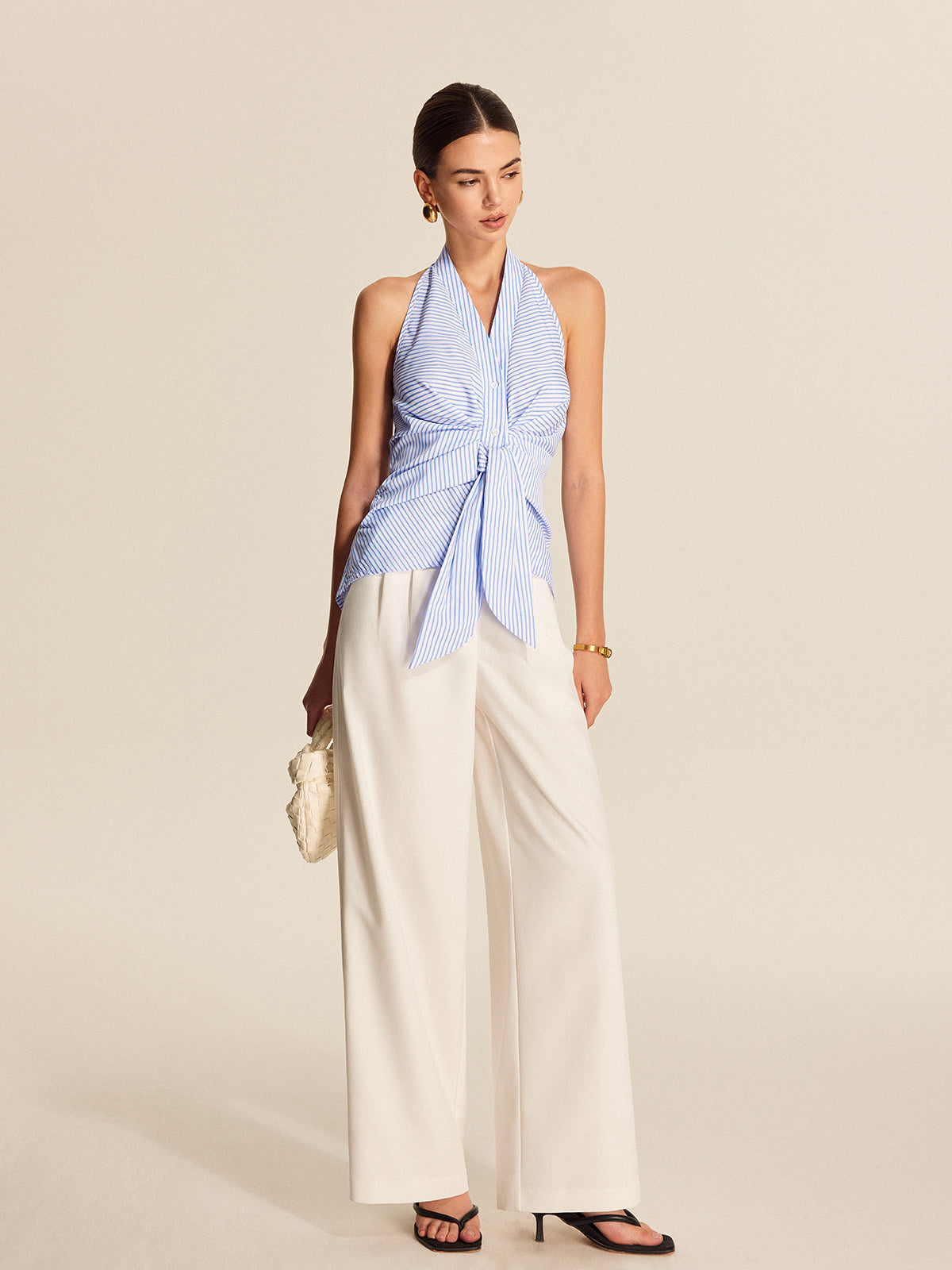 Çizgili Halter Yaka Bağlama Detay Bluz