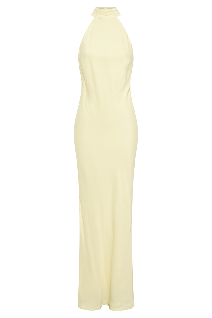 Claire Mat Saten Drape Sırtlı Uzun Elbise - Açık Sarı