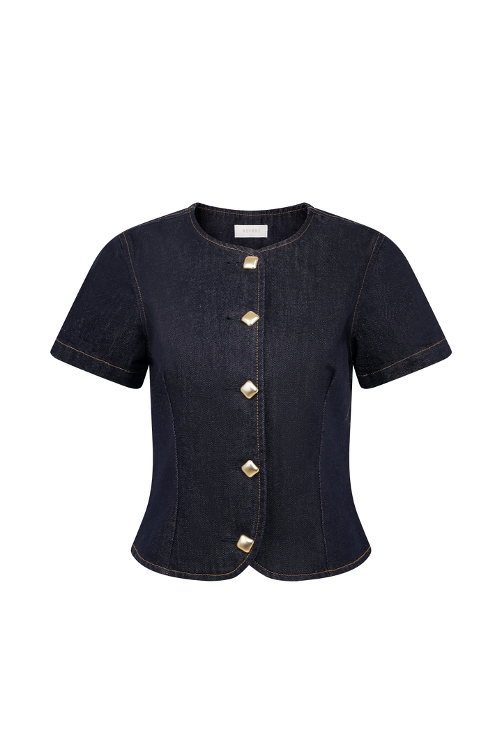 Bethany Kısa Kollu Düğmeli Denim Üst - Yıkanmış İndigo Mavi