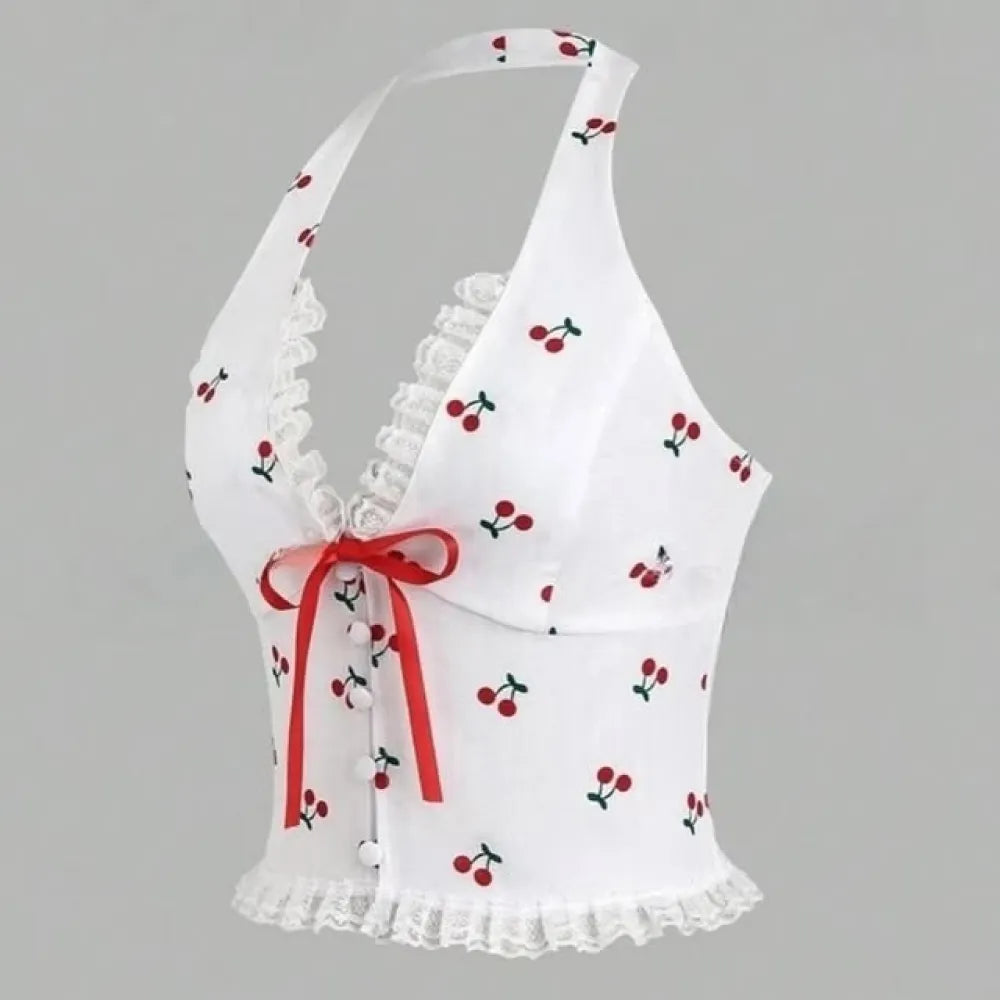 Kirazlı Boyundan Geçmeli Bluz