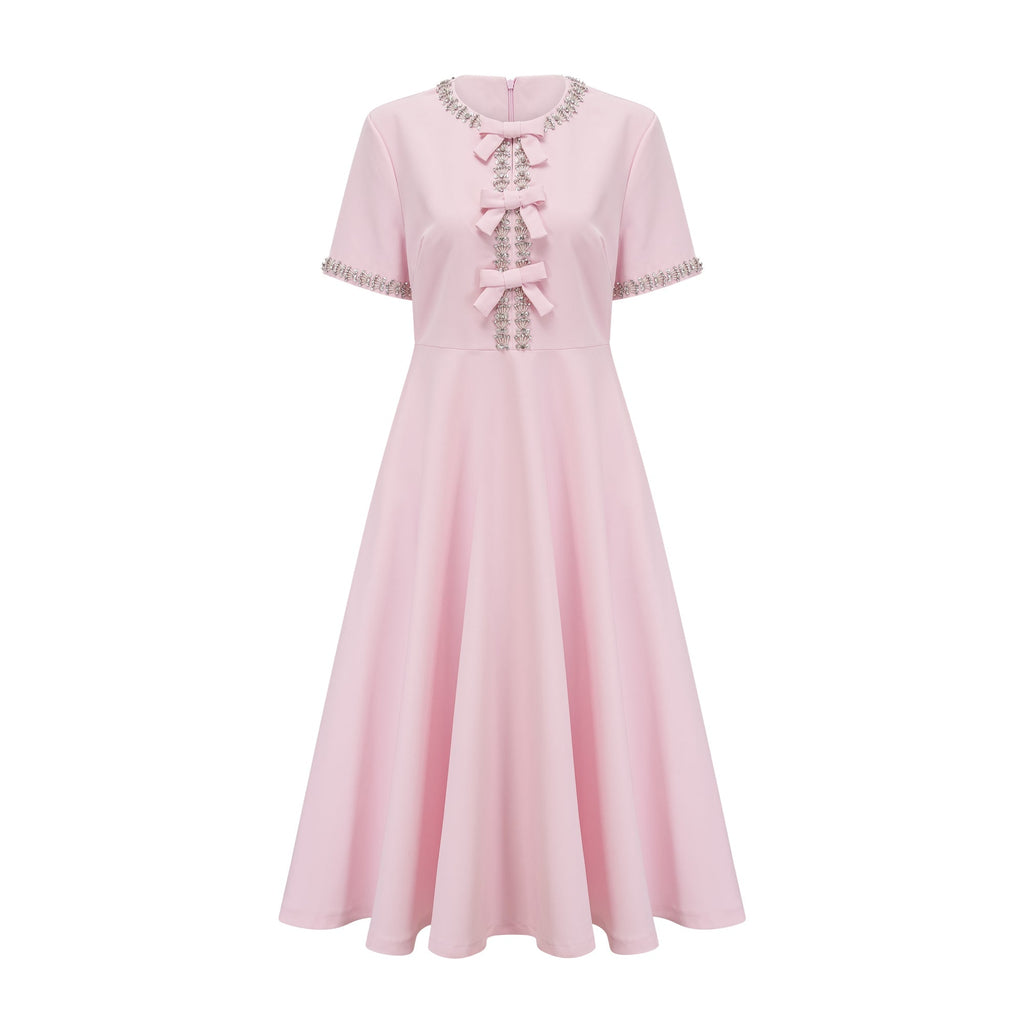 Esther Pembe Fiyonk Detaylı Kısa Kollu Kristal Midi Elbise