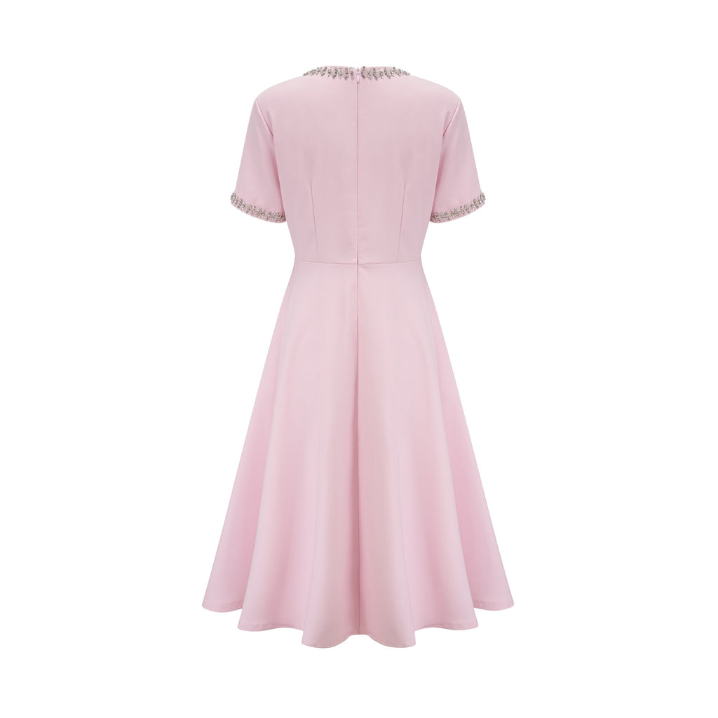 Esther Pembe Fiyonk Detaylı Kısa Kollu Kristal Midi Elbise