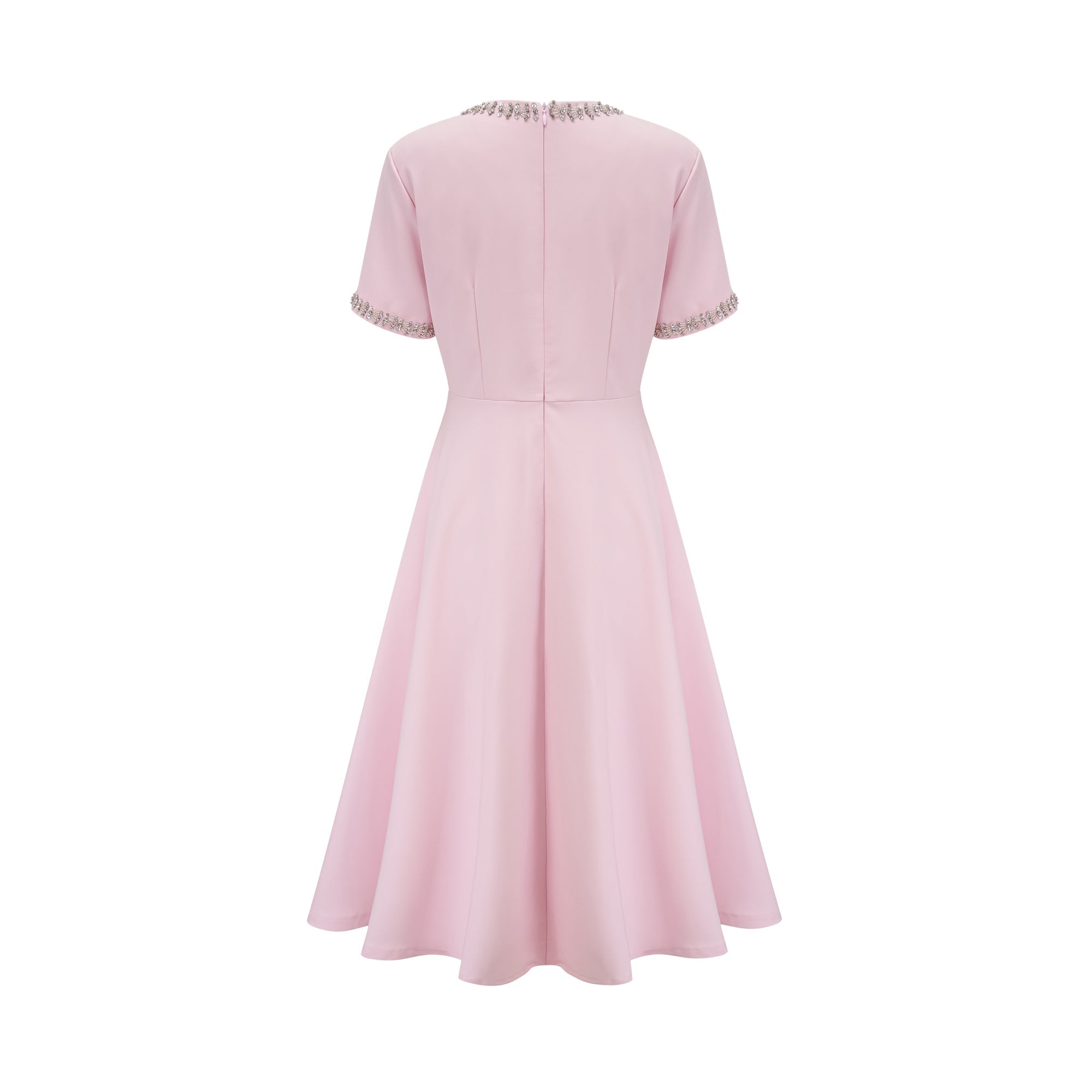 Esther Pembe Fiyonk Detaylı Kısa Kollu Kristal Midi Elbise