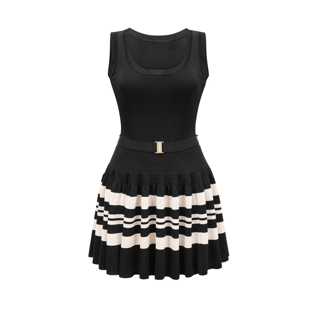 Clothilde Çizgili Desen Pilili Mini Elbise