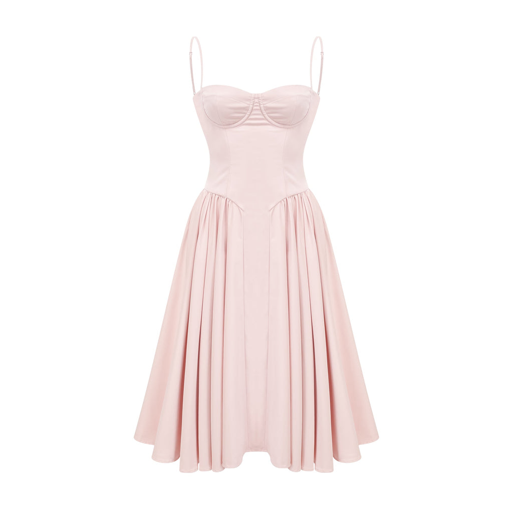 Soleil Pembe Pilili Korse Midi Elbise
