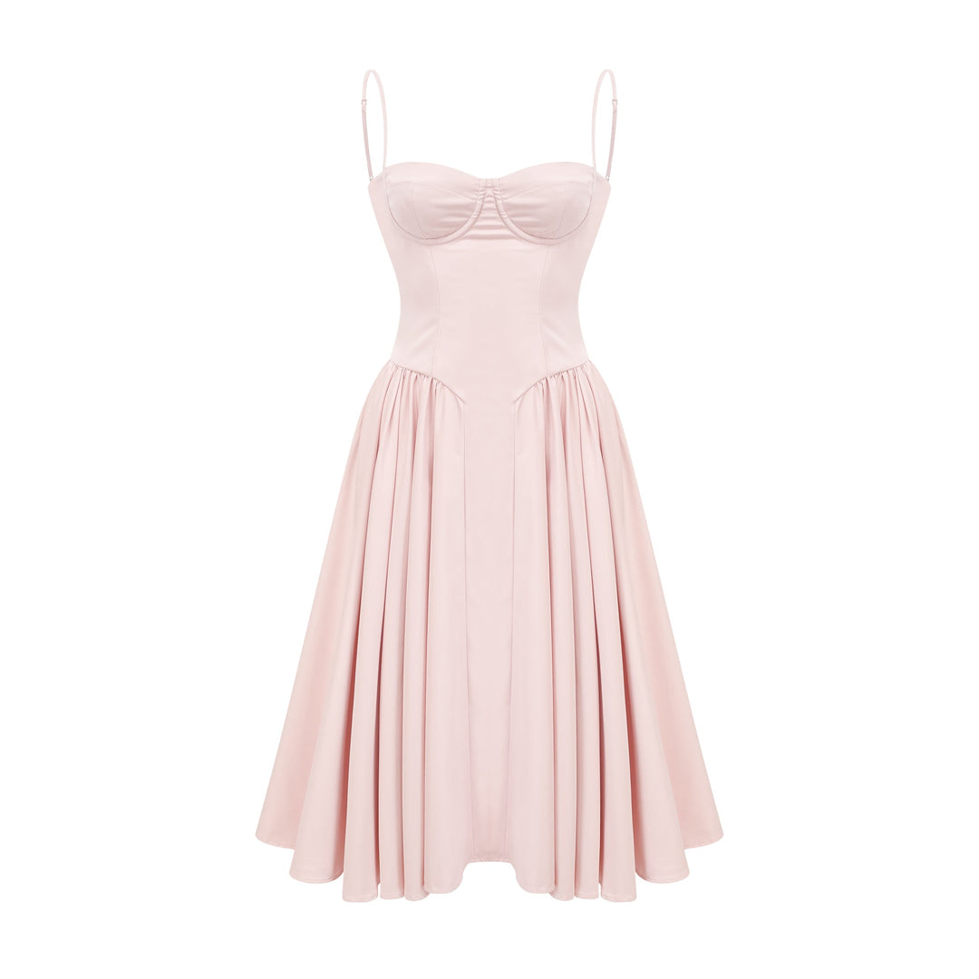 Soleil Pembe Pilili Korse Midi Elbise