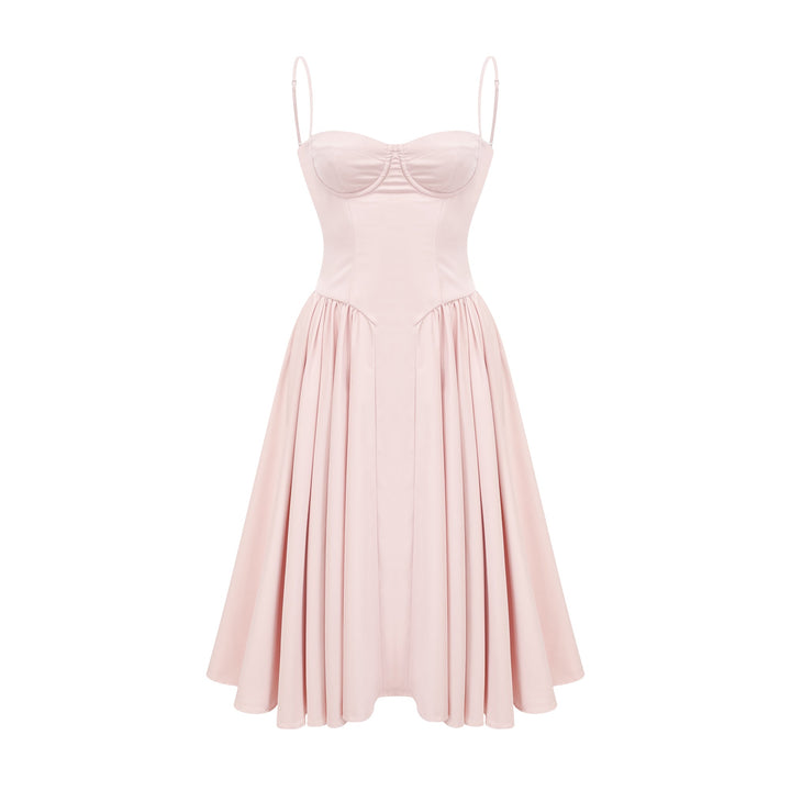 Soleil Pembe Pilili Korse Midi Elbise
