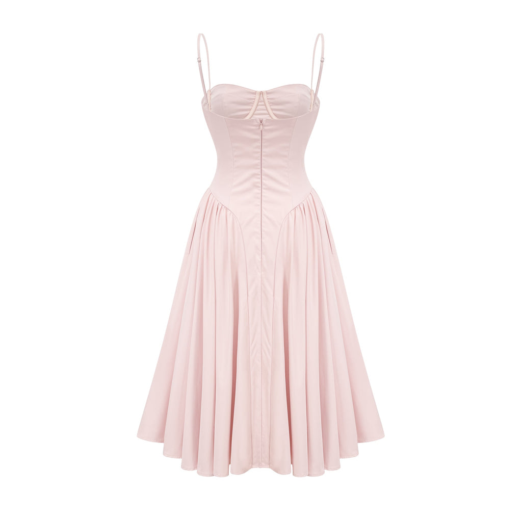 Soleil Pembe Pilili Korse Midi Elbise